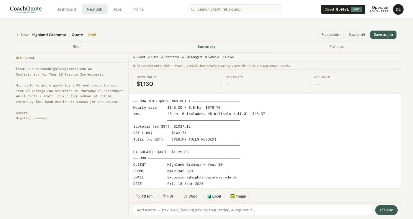 CoachQuote AI intake — a pasted client email turned into a full quote with cost breakdown, automatically
