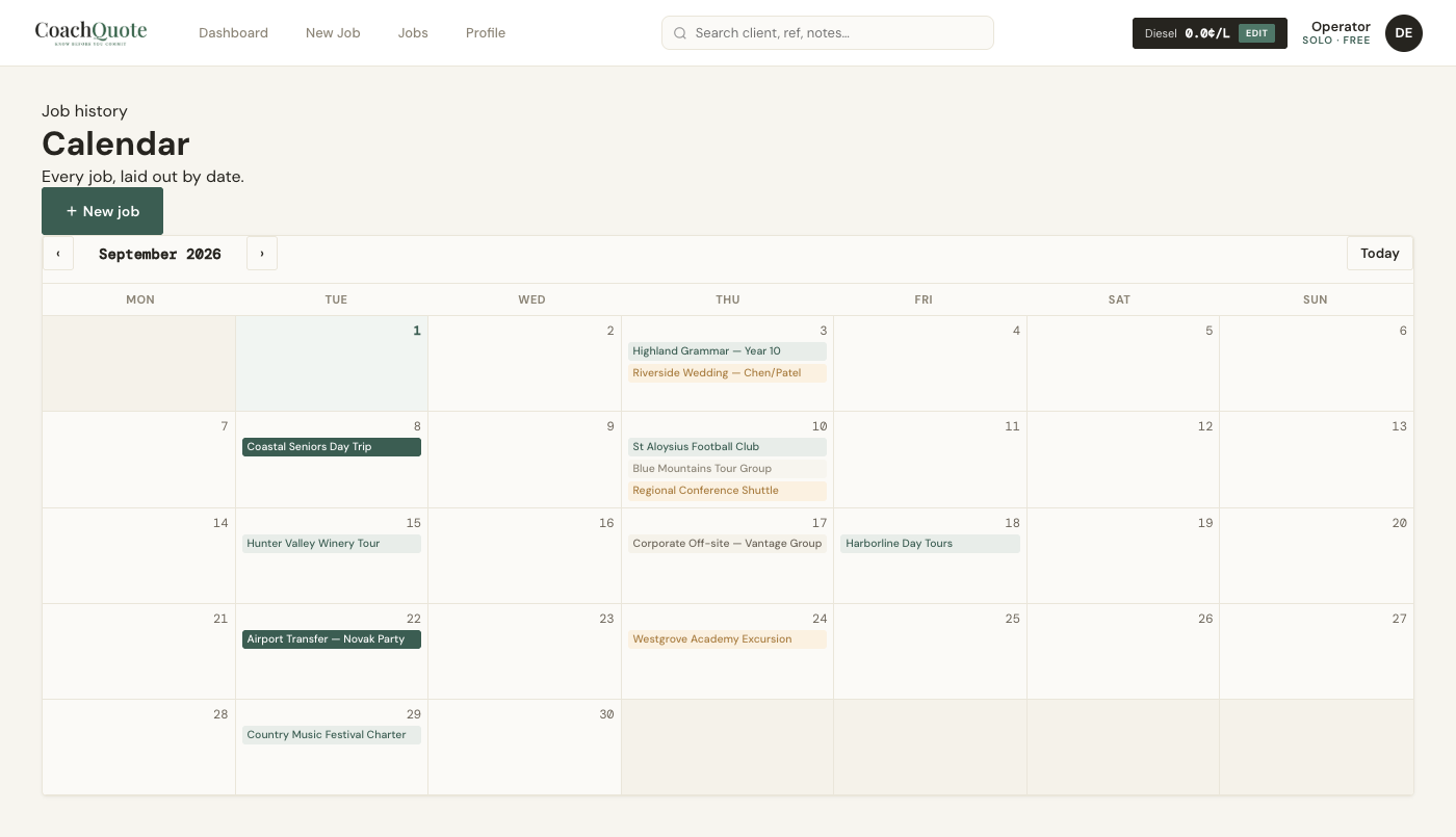 CoachQuote Calendar — a month of jobs colour-coded by status, Draft through Completed