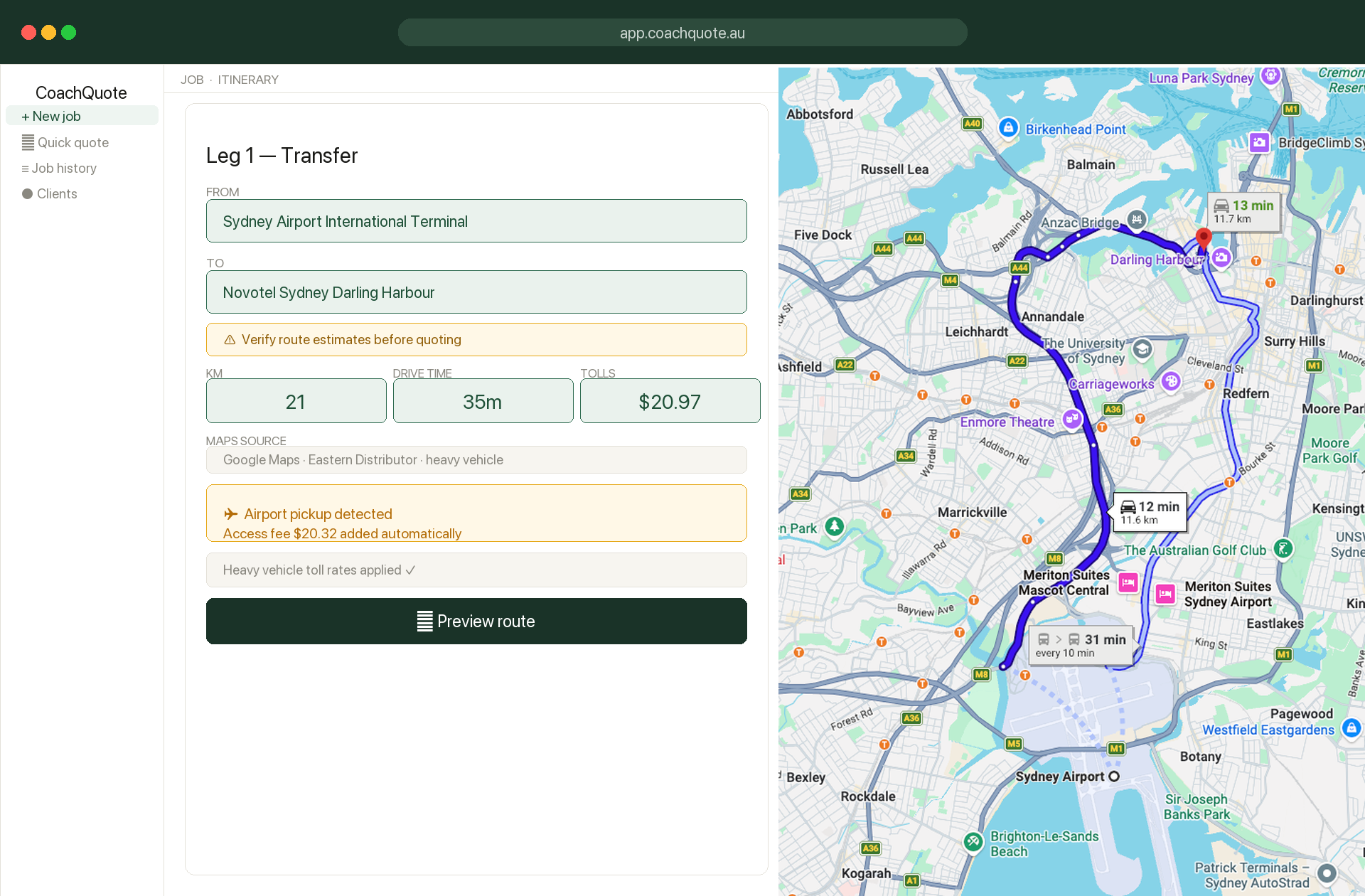 CoachQuote Google Maps route preview — Sydney Airport to Novotel Darling Harbour